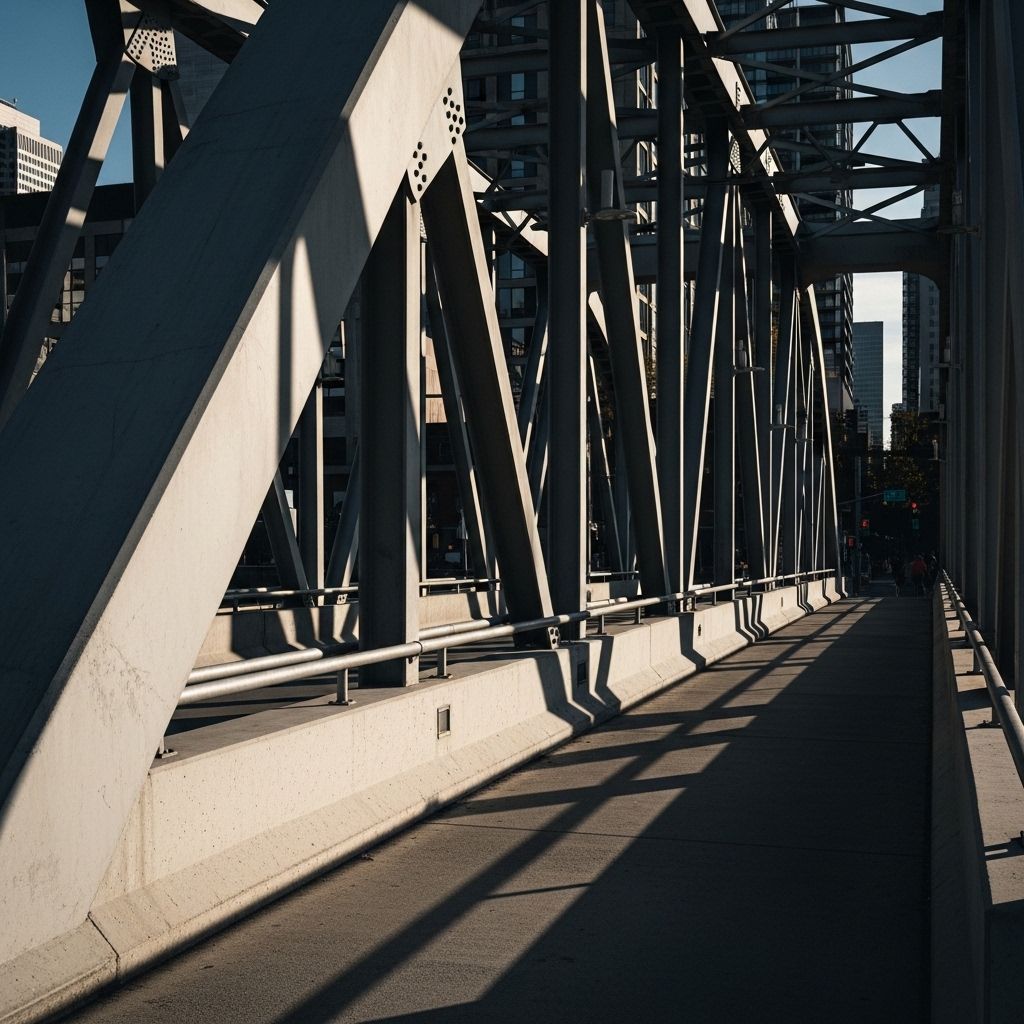 Close-up photograph of a concrete and steel pedestrian bridge in an urban setting, morning light casting sharp angular shadows across the structure, background slightly blurred suggesting depth and the complexity of the surrounding city environment
