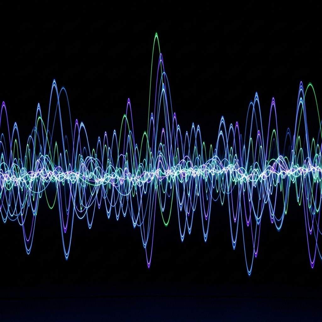 Abstract long-exposure photograph of light trails forming wave patterns in darkness, suggesting neural signal transmission and the invisible movement of auditory information through the nervous system