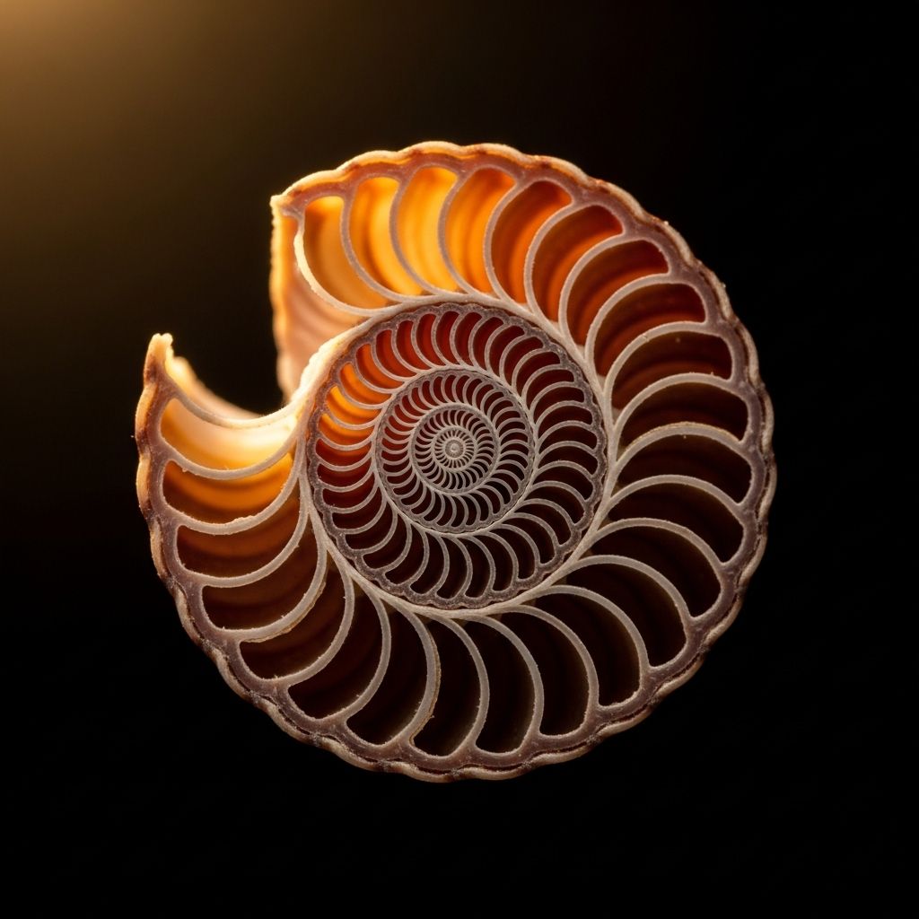 Extreme close-up macro photograph of a spiral shell cross-section against a black background, highlighting the mathematical spiral geometry analogous to cochlear anatomy, illuminated with directional warm light